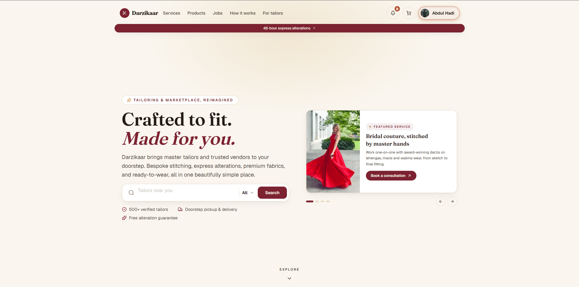 Darzikaar app screens: AI body measurement, chat with a tailor and an order